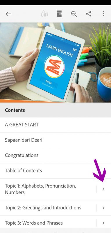 Menu Contents e-book EnglishCoo dengan Adobe Acrobat Reader